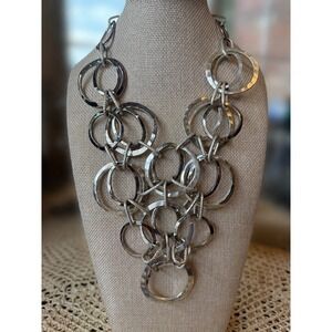 Chico's Silver Tone Hammered Multi Ring Bib Statement Necklace Mixed Metal Look